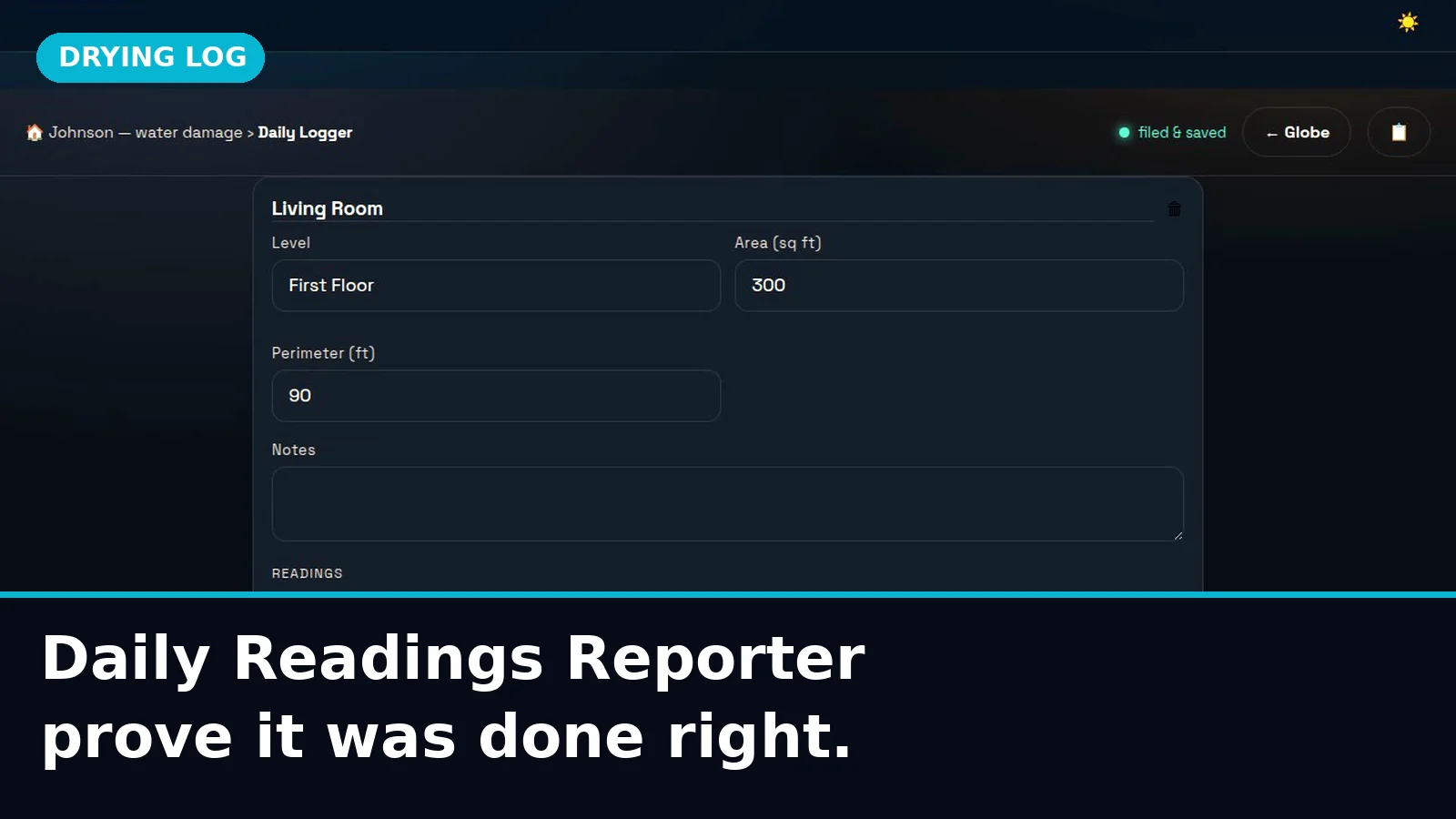 Daily Readings Reporter — log moisture readings and prove the job was done right
