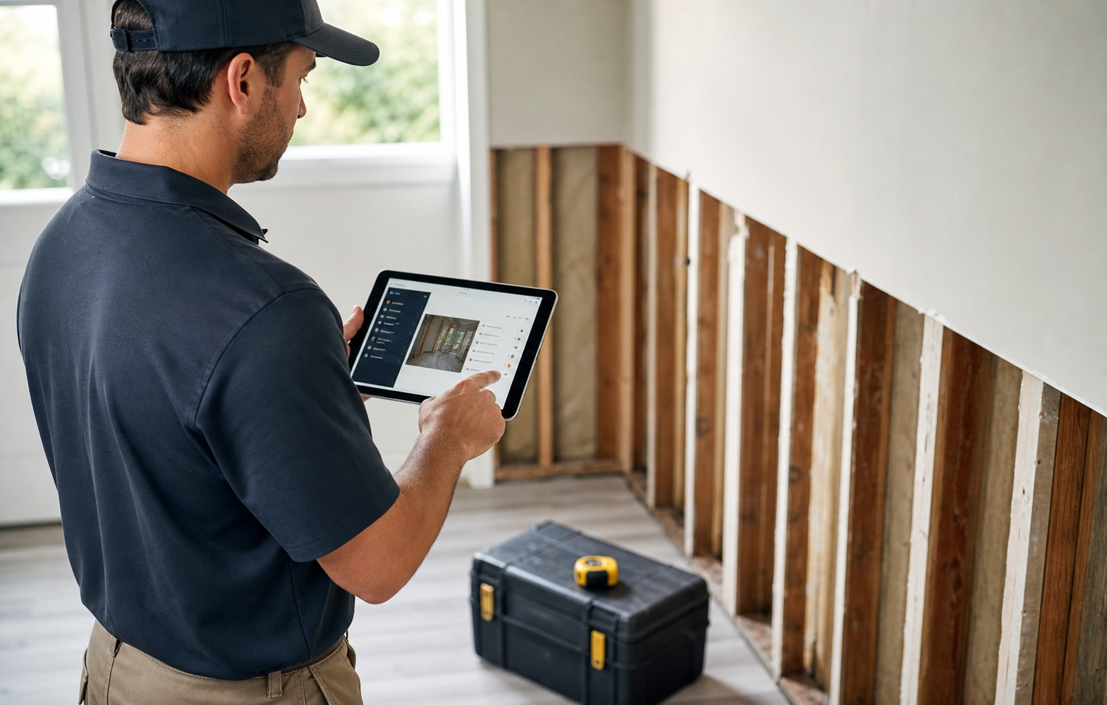Restoration estimator documenting a jobsite scope on a tablet