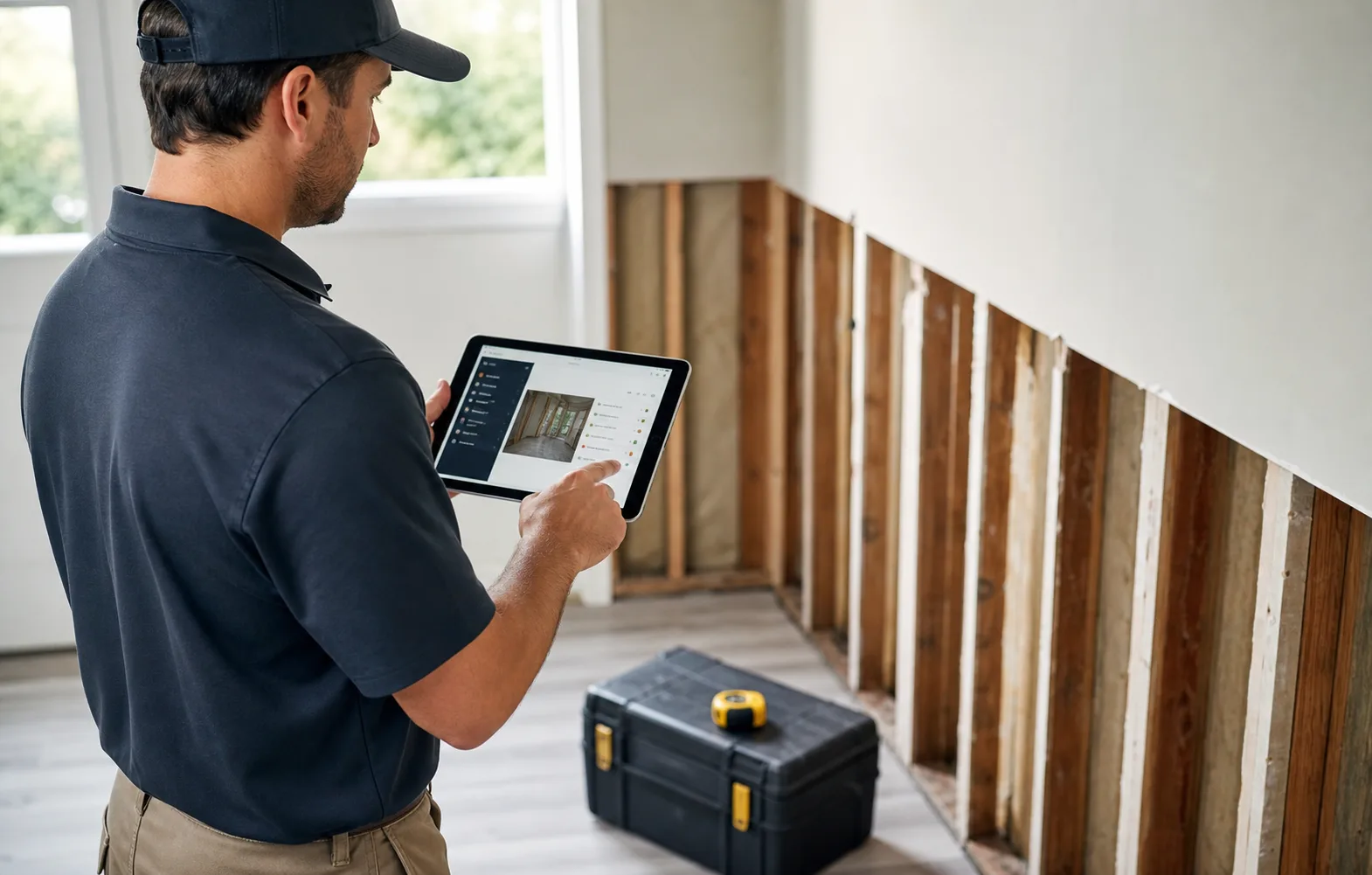 Restoration estimator documenting a jobsite scope on a tablet
