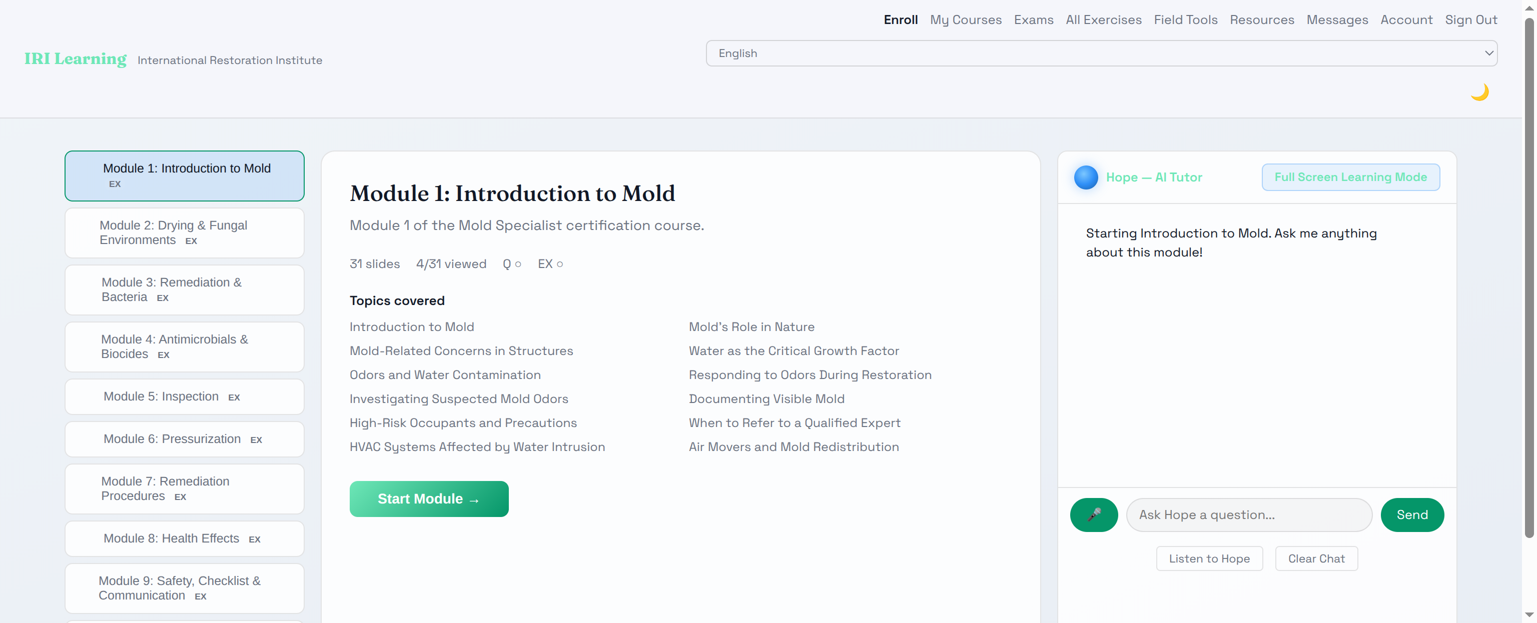IRI Learning platform — DES course labor burden slide with modules sidebar and Hope AI panel