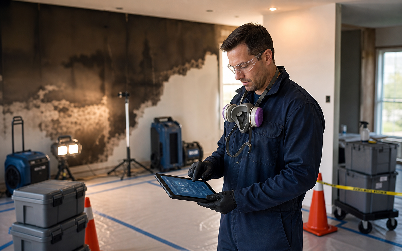 Fire restoration certification student using Hope AI with jobsite moisture mapping, drying equipment, and field documentation tools