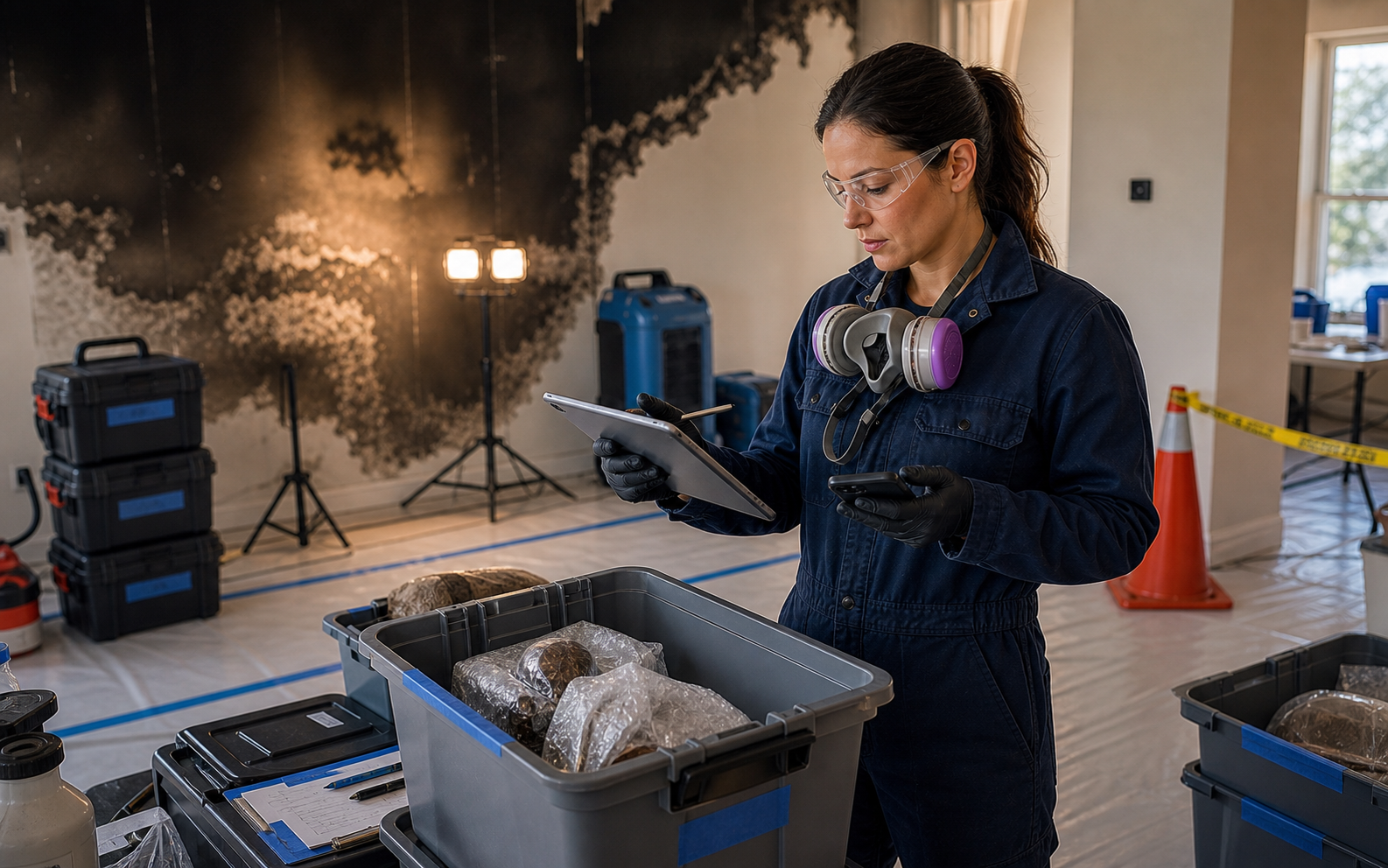 Woman fire restoration contents documentation specialist using a tablet and phone to inventory packout items on a smoke-damaged jobsite