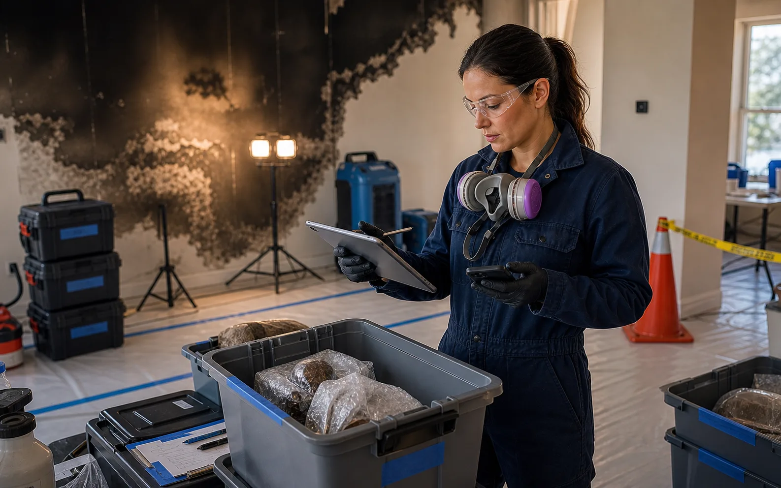 Woman fire restoration contents documentation specialist using a tablet and phone to inventory packout items on a smoke-damaged jobsite