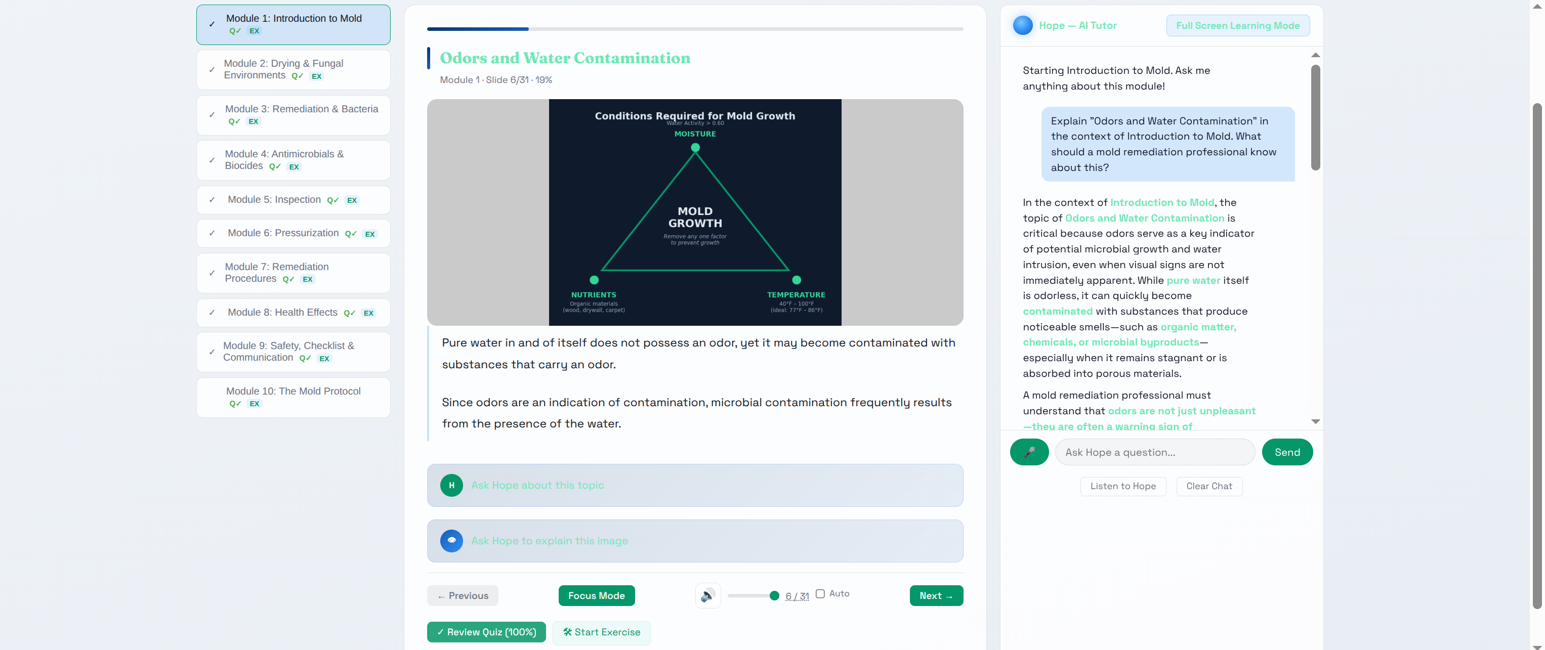 IRI Learning — Hope AI tutor responding to mold remediation student question in real-time