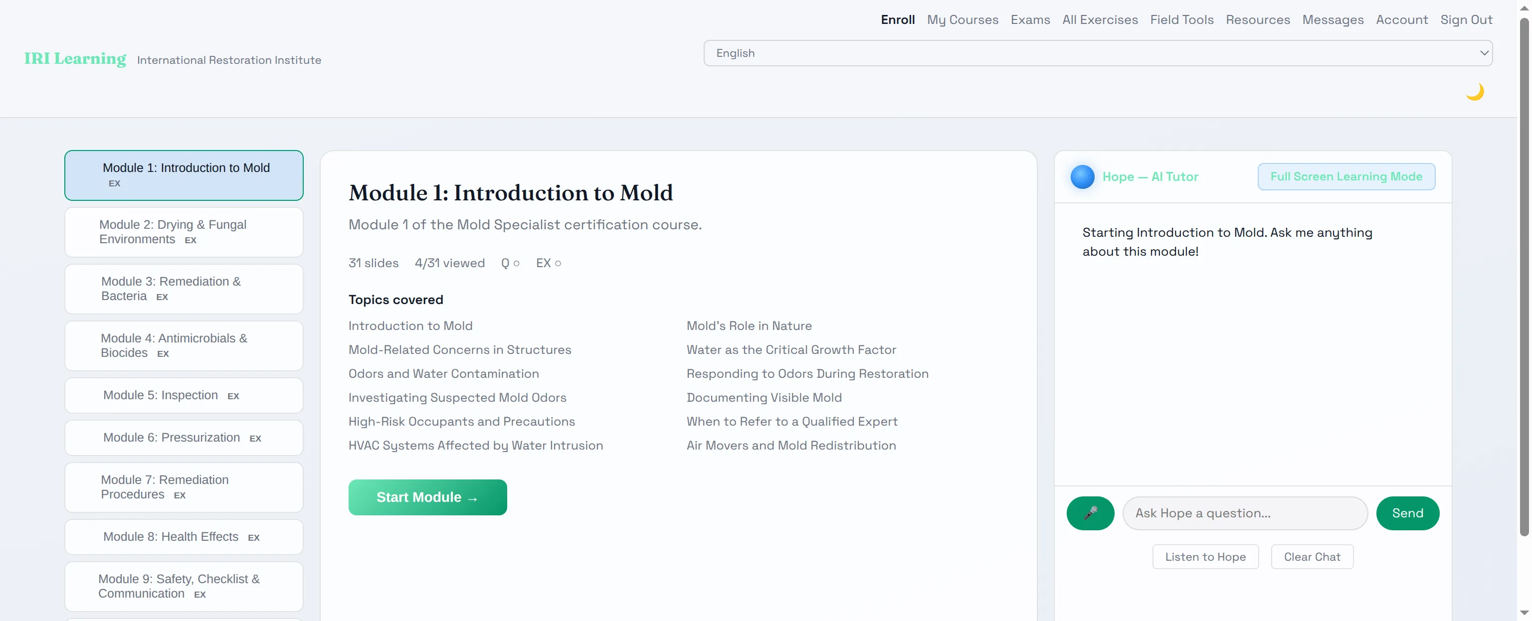 IRI Learning platform — Mold course slide with diagram, modules sidebar, and Hope AI panel