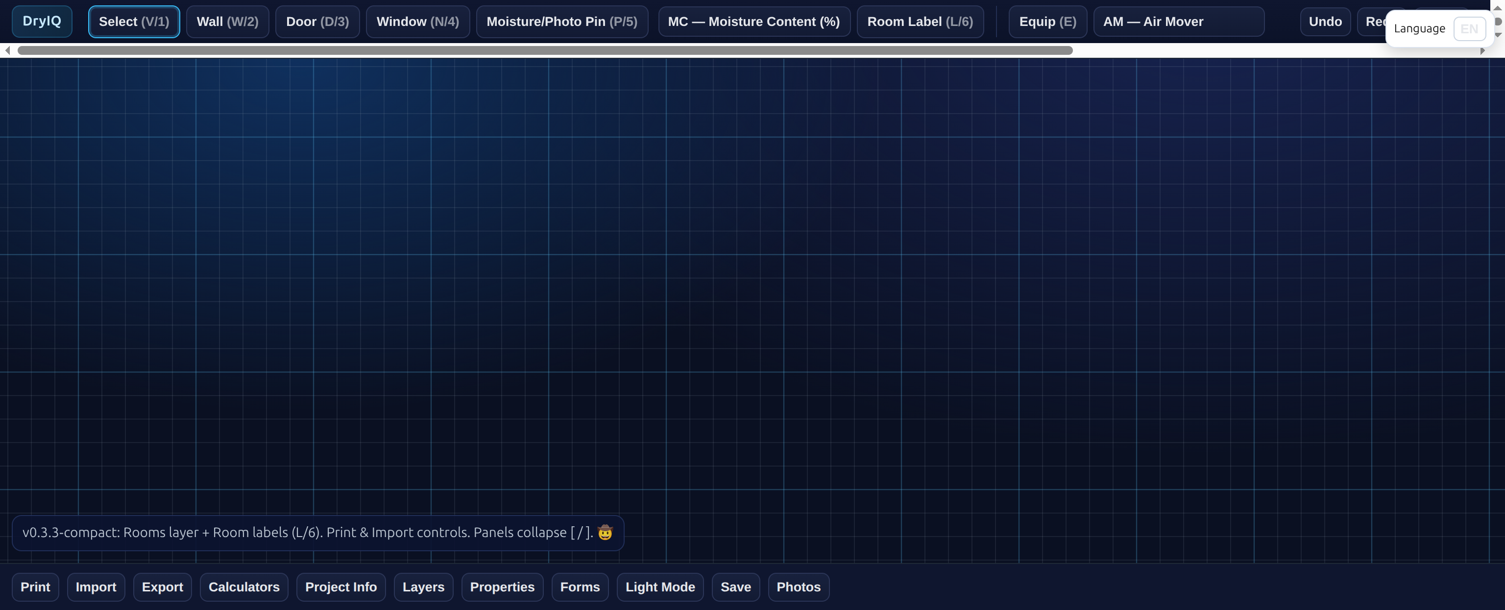 DryIQ Moisture Mapper — mold remediation floor plan with moisture readings, drying equipment placement, and GPP tracking