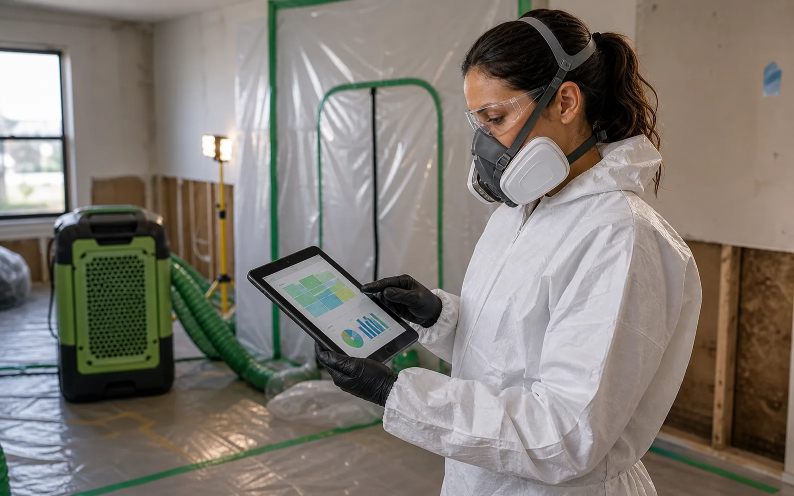 Woman mold remediation specialist in proper PPE using a tablet for digital report review, moisture mapping, and field documentation inside a containment work area