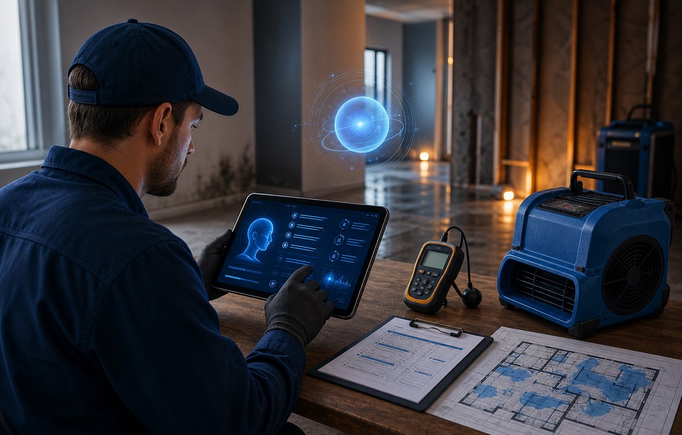 Mold remediation certification student using Hope AI with jobsite moisture mapping, drying equipment, and field documentation tools