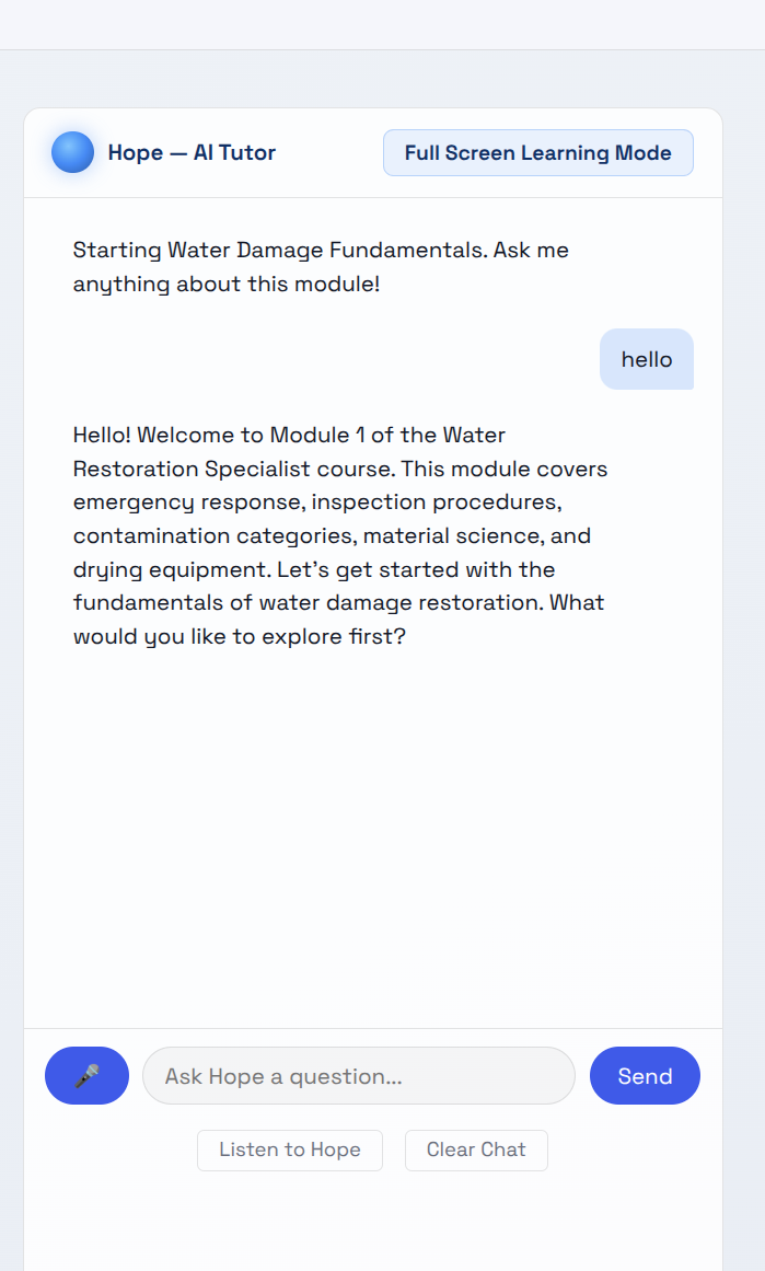 IRI Learning — Hope AI tutor responding to water damage student question in real-time