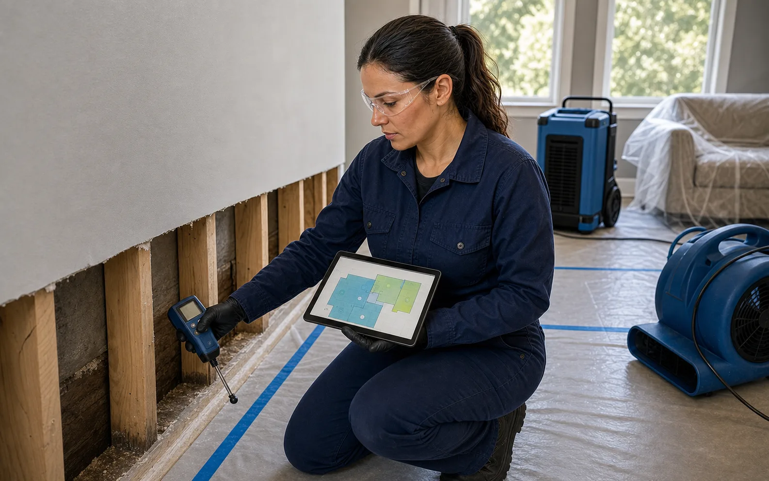 Woman water restoration technician using a moisture meter and tablet to document drying readings on a jobsite